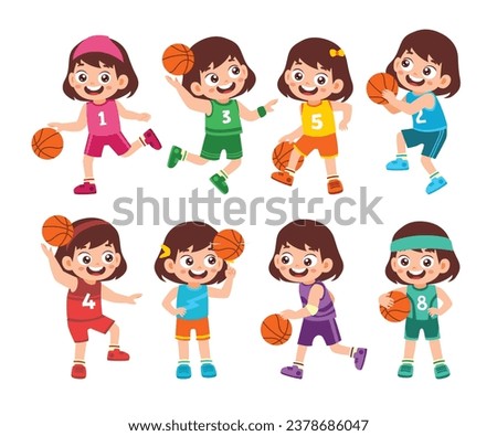 Set of Cute Little Girl Playing Basketball Kid Children with Various Different Poses. Activity Isolated Element Objects. Dribbble and Slamdunk. Flat Style Icon Vector Illustration