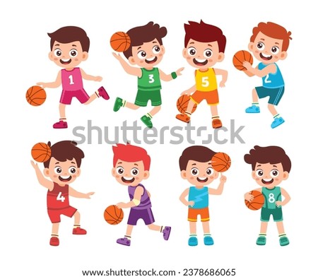Set of Cute Little Boy Playing Basketball Kid Children with Various Different Poses. Activity Isolated Element Objects. Dribbble and Slamdunk. Flat Style Icon Vector Illustration
