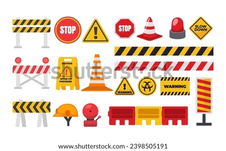 Set of Warning signs collection, under Construction caution and dangerous area alert attention, Danger yellow signs for safety with helmet, barrier and cone, hazard symbol, vector illustration