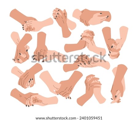Two hands holding together set collection, allyship or friendship to support a world with more solidarity, equal justice and opportunity, collaboration, racial equality, diversity romantic hands.