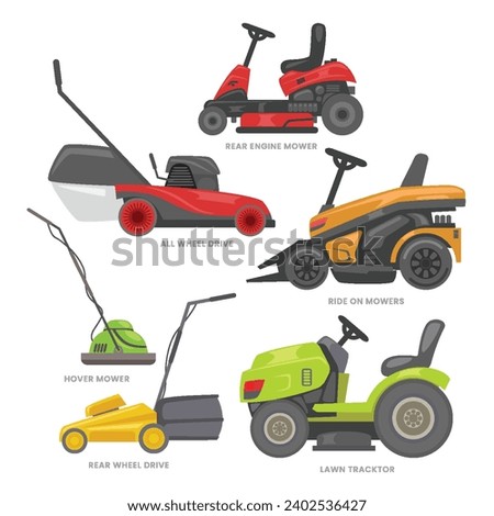 Types of Lawn Mower Set Collection, Rear Engine Mower, Lawn Tractor, Hover Mower, Ride on Mowers, Rear Wheel Drive, All Wheel Drive, lawn care and service, Mowed grass. Gardening grass-cutter