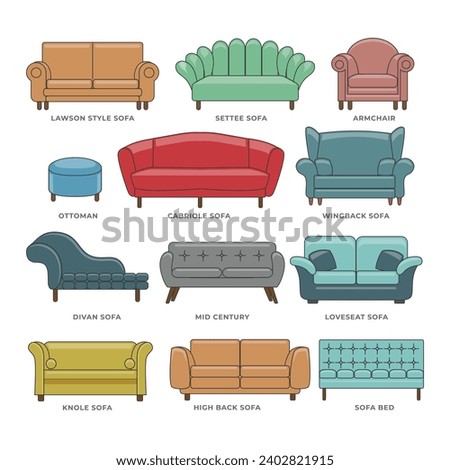 Set of different types of modern sofa couch with line art, Collection of sofa in flat cartoon style, furniture pieces, Interior furniture design elements. Home and office divan icons. Vector