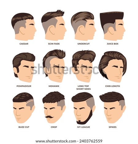 Set of different types of man hairstyle cut collection, fashionable mens haircut isolated on white background, hipster tailor salon man fashion, trendy boy haircut.