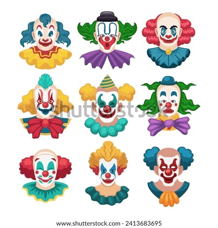 Set of isolated clowns faces with scary heads painted noses eyebrows red lips and funny hats with cartoon style, Clown Head set, avatar, vector illustration, isolated on white background.