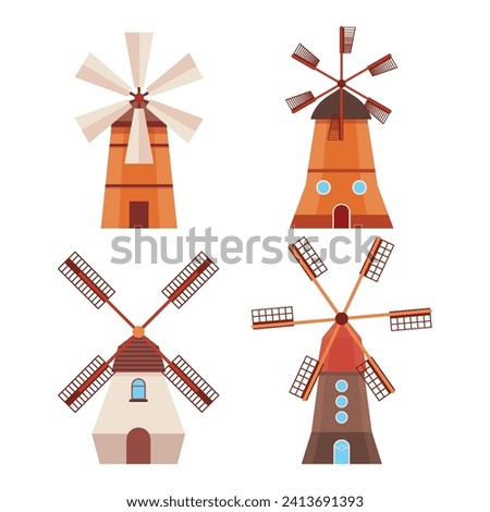 Set of Windmills Collection, German landmark, Vector rural countryside traditional Dutch stone mill, Netherland wooden windmill, Holland building for millstones grain, flour, bread processing