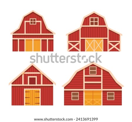 Set of farming agriculture red barn building collection, red Red horse barn vector cartoon icon, Farmhouse, warehouse, Design of Barn Cabin Cottage Hut Garage, countryside, harvest building.
