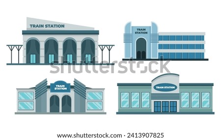 Set of Icons Railway Station Building Platform collection, train station or railroad station architecture Facades, modern exterior, Isolated on White Background. Cartoon Vector Illustration.