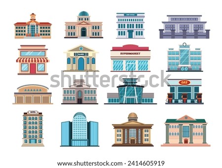 Set of city modern buildings, City landscape with skyscrapers, museum art, university, Post Office,Prison, restaurant, Supermarket, hospital, bank, airport, Gas Station, Government, courthouse, hotel.