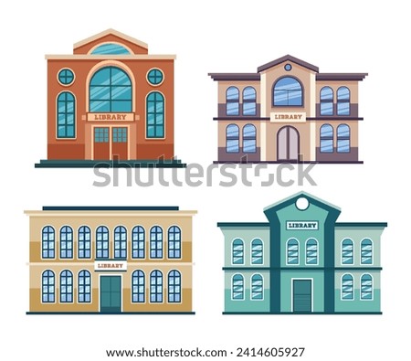 Set of Public Library Building Collection, Education building construction for study and reading books, Public lending or academic facade, national library, flat style, isolated white background.