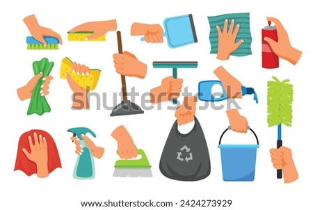 Set of cleaning hands gesture collection with holding scrub brush, squeeze sponge, rag, spray bottle, mirror cleaner, duster, trash bag, bucket, dustpan, plunger, household tools, vector illustration.
