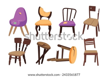 Set of various broken chairs set collection, Broken furniture illustration set outline vector. Classic Home Interior room. Couch Damage Broken old wooden chair leg repair, vector illustration.