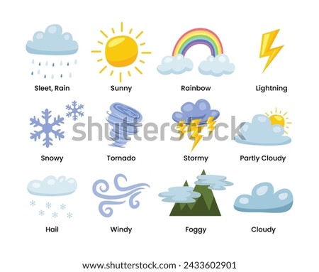Weather icons set collection with cartoon style, suitable for kids children education worksheet, climate cartoon sign. Thunderstorm, rain, sunny day, fog, winter snow, night, rainbow.
