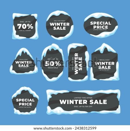 Set snowy frame and ice cap with text here gap banners set illustration, winter sale banner collection border cartoon with icicles and oval, circle, square, rectangle, triangle shape. snow sale frame