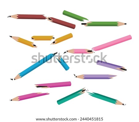 Set of broken pencil snapping in two, broken pencils snapped in half, Error, anger, frustration or failure concept icon. Creative crisis, stress at work and employe burnout symbol. Vector Illustration