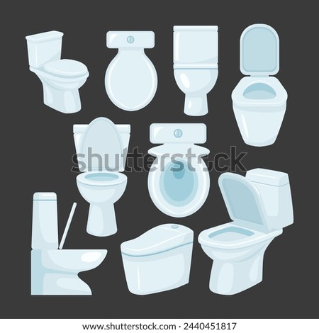 Set of toilet seat set collection, New ceramic toilet bowl, Clean Toilet bowl in bathroom interior decoration with top view and side view, cartoon style, closet flush toilet vector illustration.