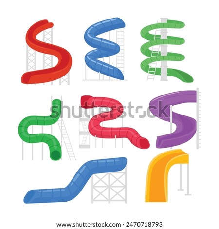 Set of colorful water slide set collection, Slides of different shape at aquapark, waterslide cartoon, spiral pipe waterpark construction, splashpark twist tunnel for riding tube, screw piping family.