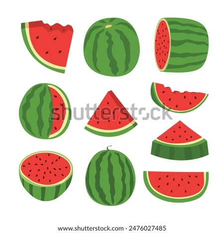 Set of Cartoon fresh green open watermelon half, slices and triangles. Red watermelon piece with bite collection. Sliced water melon fruit vector set, Summer fruit collection, Vegetarian ecology.