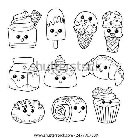 Set of cute kawaii sweet dessert doodle collection with smile expression face, cake cartoon, outline style illustration, isolated with ice cream, cake, bread, milk, roll, croissant, and cupcake.