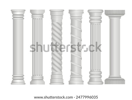 Set of ancient greek pillar set collection, Marble antique columns and pillars of roman and greek architecture elements, Roman columns, White stone pillars with ornate capitals, vector illustration.