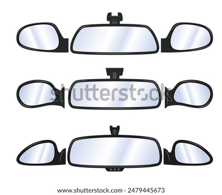 Set of realistic car side mirror collection, wing mirror car view from inside illustration, Car rearview mirror driver glass inside. Vector rear view mirror inside car illustration safety