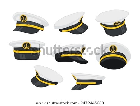 Set of sailor hat collection with different view or angle, Navy Captain's Hat, with anchor and bay leaves emblem, gold plating, Sea cruise concept, sailor cap sign, captain sailor hat, vector.