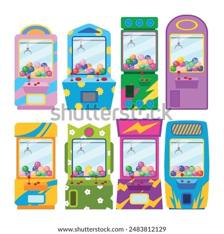 Set of playful claw machine game set collection, Toy Grabber machines. Vending machine claw for grab toys doll or gift plush bear ball, arcade recreational game prize fun fair arms on crane joystick.