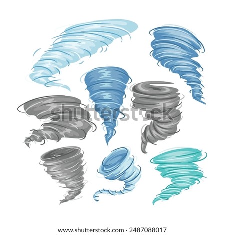 Set of Typhoon, Cyclone, Hurricane and Storm Vector Illustrations, tornado natural disaster concept, tropical storms, typhoons, helix rotary vertigo curvy twister moving spray bend eddy surface.