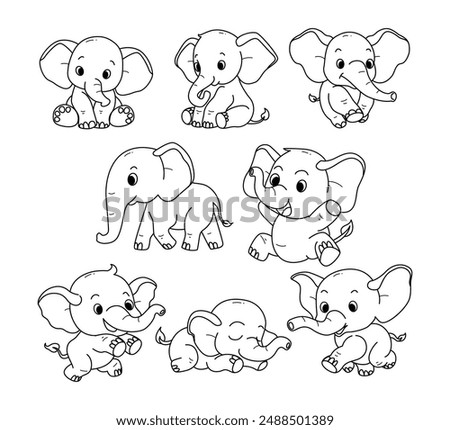 Set of elephant doodle collection, elephant outline coloring page book animals for kindergarten, Vector line art set of animals wildlife, Hand drawn, Minimal elephant line art doodle in different pose