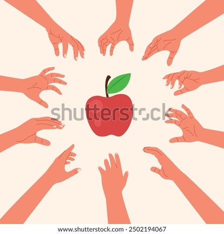 Set of hands grabbing colletion, concept illustration with many hands reaching out to bright red apple, Hands Rushing to Grab apple Vector Cartoon Illustration. Greedy arty guests reaching for fruit.