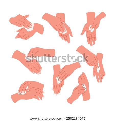 Set of woman hands apply cream or lotion, Skincare treatment and hygiene concept. Beauty and cosmetics, hand smeared with body lotion, collection of girl put use balm on body illustration.