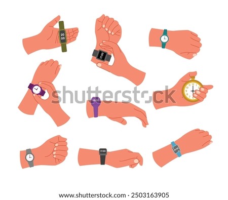 Set of human hand wearing Smart watch on the hand, device to track user activity, Modern and classic accessory for men and women.Luxury mechanical and smart wrist watches, checking time. time is money