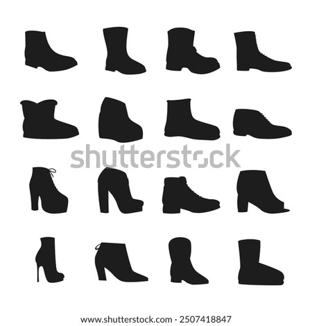 Type of Shoes footwear silhouette, modern shoes, boots, sneakers and clogs. Male and female fashion shoes, casual seasonal footwear vector symbols illustrations set Collection