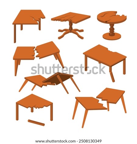 Set of broken table set collection with Broken furniture. Old damaged tables chairs cupboards exact vector broken interior, broken wooden table home indoor interior office, flat vector illustration.