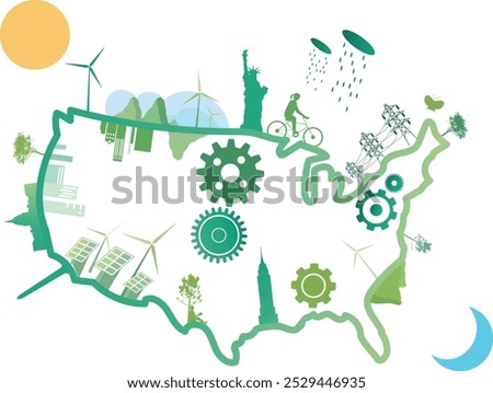 A graphic representation of the United States showcasing renewable energy, nature, and sustainable practices throughout the country