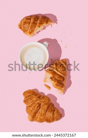 Similar – Image, Stock Photo Fresh Croissant, Cup of Coffee and Ranunculus Flowers. Breakfast