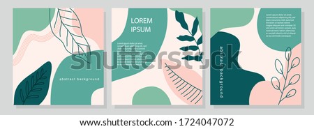 Set of three stories pastel shades templates with abstract botanical and organic shapes pink and green. Universal templates for invitation. Greeting cards, flyers, newsletter, branding design, covers.