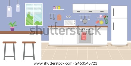 Set of different modern kitchen interiors vector flat cartoon illustration. Kitchen with furniture. Flat style vector illustration.