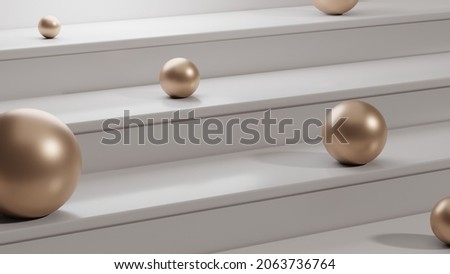 White stairs podium or pedestal for branding presentation. Empty inimal cosmetic product background presentation. Gold geometric sphere shapes backdrop. 3d rendering Imagine de stoc © 