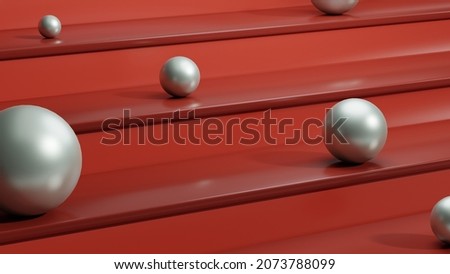 Red stairs podium or pedestal for branding presentation. Empty inimal cosmetic product background presentation. Silver geometric sphere shapes backdrop. 3d rendering Imagine de stoc © 