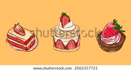Set of three delicious strawberry desserts vector illustration. Vanilla strawberry cake. Vanilla shortcake with whipping cream and fresh strawberries. Chocolate cupcake with strawberry whipping cream.