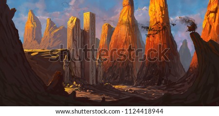 Ruined fortress in a rocky desert being overrun by a dangerous evil character - digital fantasy painting Сток-фото © 