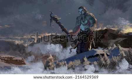Digital painting of a ice hill giant walking through a valley with a giant stick - fantasy 3d illustration Сток-фото © 