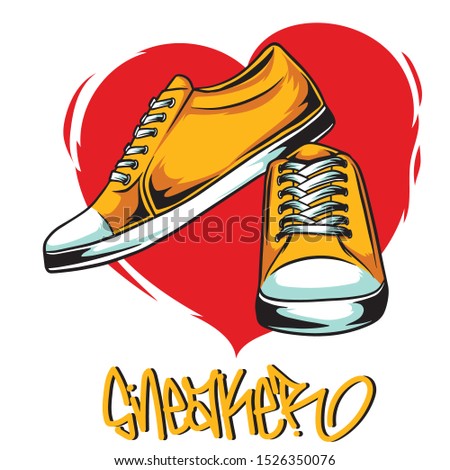 yellow sneakers and rd heart illustration, vector, tshirt design Stock fotó © 