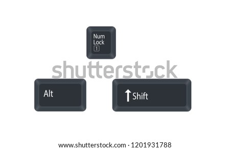 Alternate (Alt), Shift and Num Lock  computer button isolated on white background. These keys are for switch mouse keys on and off. Vector illustration.