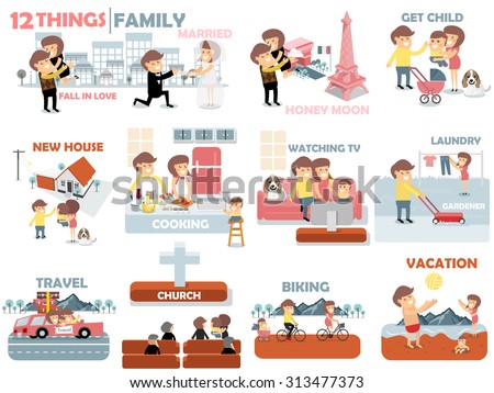 beautiful graphic design of family,12 things of family activities consist of fall in love, married, honey moon, child, buying new house, cooking, watching TV, laundry, gardener, travel, biking and to the beach