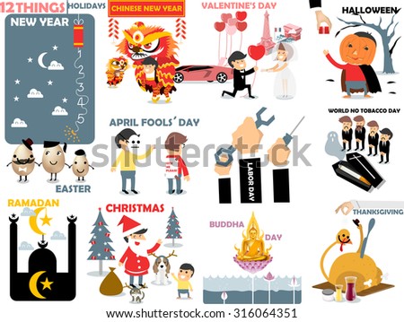 beautiful graphic of international holidays: new year,chinese new year,valentine\'s day,halloween,easter,april fools\' day,labor,world no tobacco,ramadan,christmas,buddha day,thanksgiving