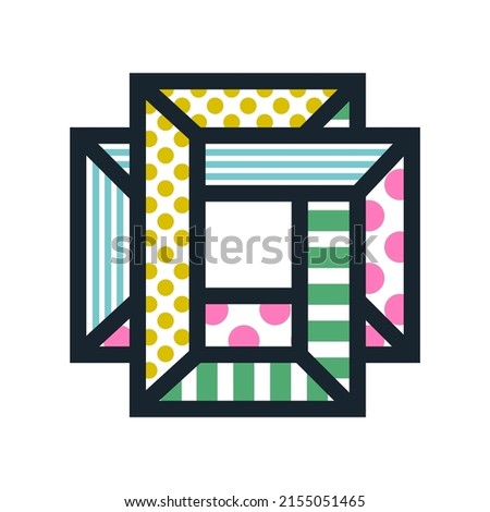 Geometric intertwined shape with line and dots pattern fill. Abstract geometry patch design