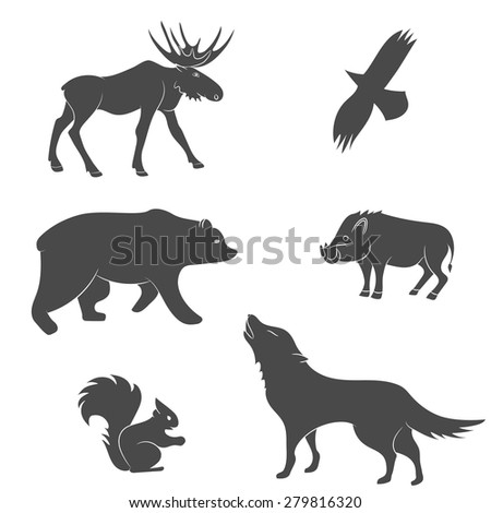 Set of forest animals vector silhouettes. Bear, eagle, squirrel, wolf, pig, moose, deer. Black wild mammals isolated on white