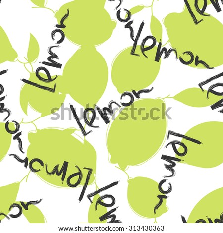 Green lime and lemon fruits on white background. Citrus seamless silhouette pattern. Lemon typography word