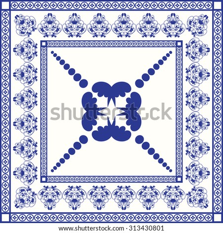 Mediterranean traditional blue and white tile pattern. Oriental arabesque ceramic tile.